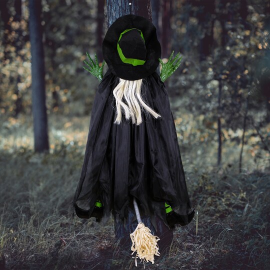 Northlight; Northlight Giant Tree Trunk Crashed Witch Halloween Hanging Decoration - 4' - Black and Green; Category:Outdoor Halloween Decorations; Image:1